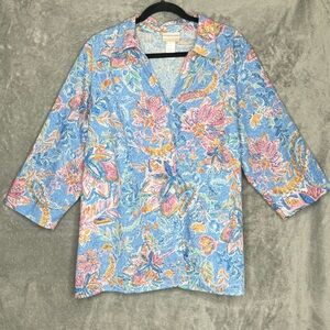 Alfred Dunner 2X Shirt Top Blue Floral Flower 3/4 Sleeve V Neck Button Up Cotton